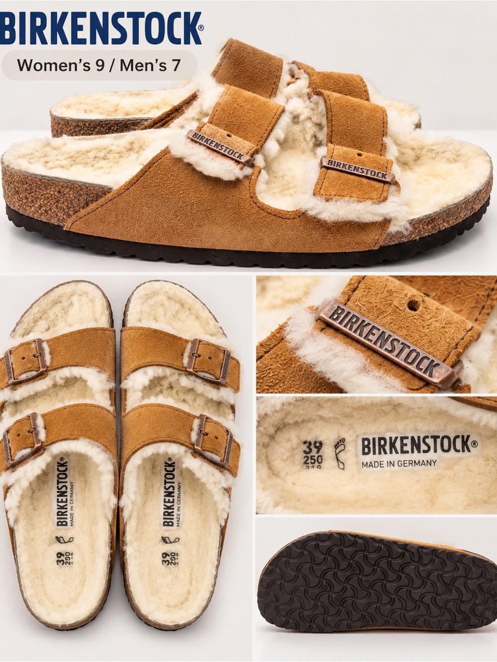 Birkenstock Tan Suede Shearling Arizona Slide Sandals